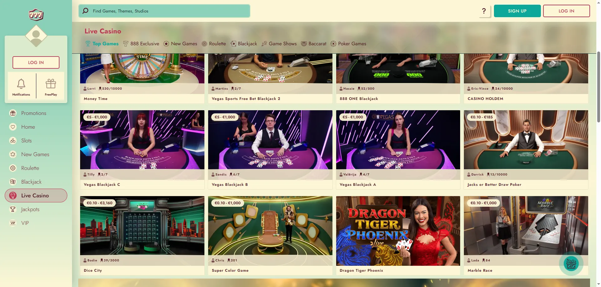 777 Casino live dealer tables — roulette, blackjack, baccarat